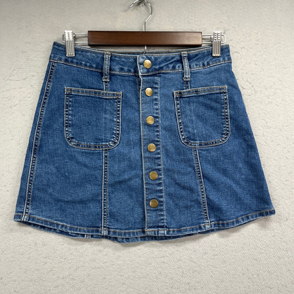 Altar'd State Denim Skirt Women XS Blue Button Front Mini Stretch Casual Boho